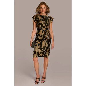 Donnakaran New York Black & Gold Geometric Short Sleeve Midi Dress Size 2